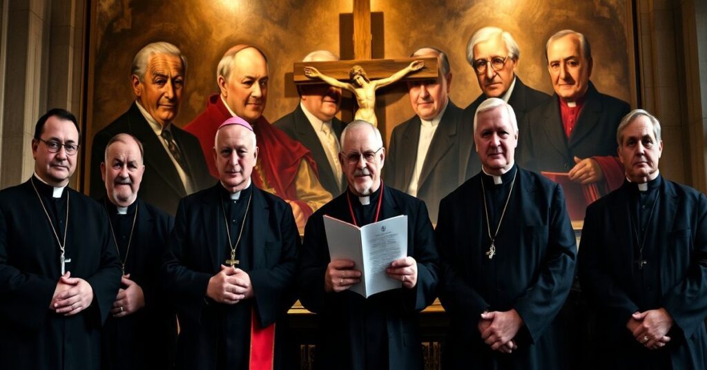 Strojni biskupi w katedrze z dokumentem upadającej Europy