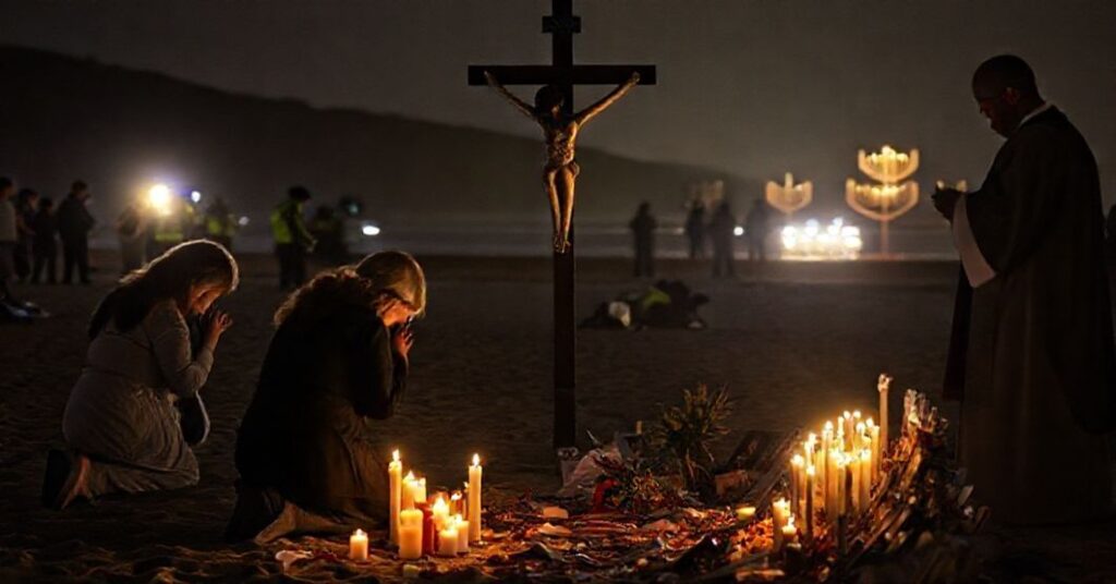 Scena po strzelaninie na plaży Bondi w Sydney podczas żydowskiego święta Chanuki. Rodzina modli się przy improwizowanym pomniku z świeczkami i różańcami.