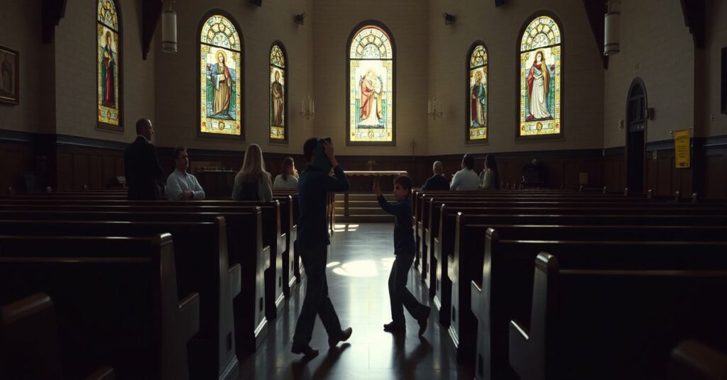 Scena w kościele Annunciation w Minneapolis podczas strzelaniny podczas 'mszy powitalnej'. Młody chłopiec Victor Greenawalt chroni kolegę przed strzelaniną.