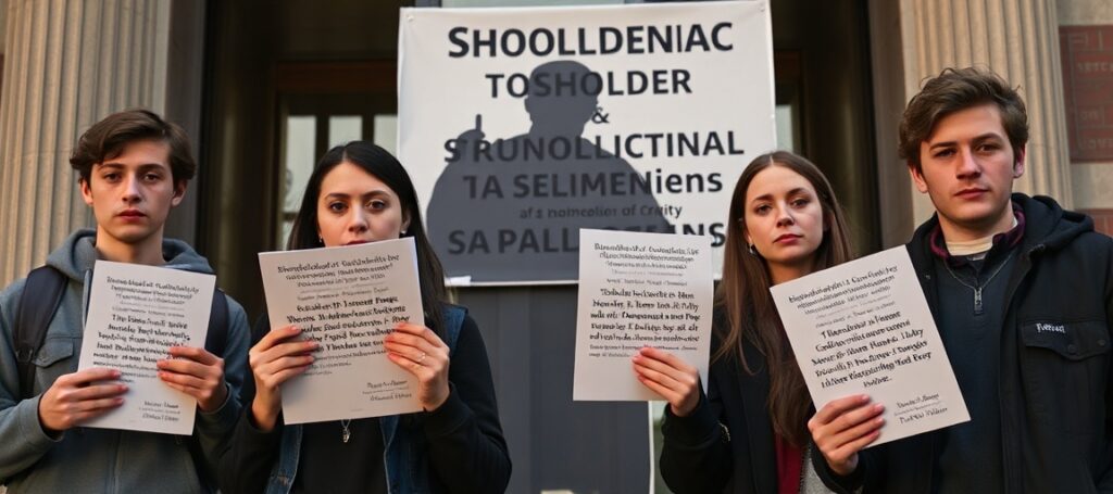 Grupa studentów Benedictine College trzymających ulotki z cytatami Ojców Kościoła przed budynkiem uczelni