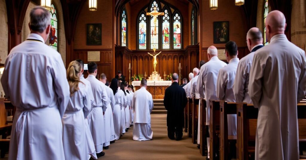 Grupa studentów na kolanach w tradycyjnym kościele katolickim przygotowujących się do chrztu w Kansas