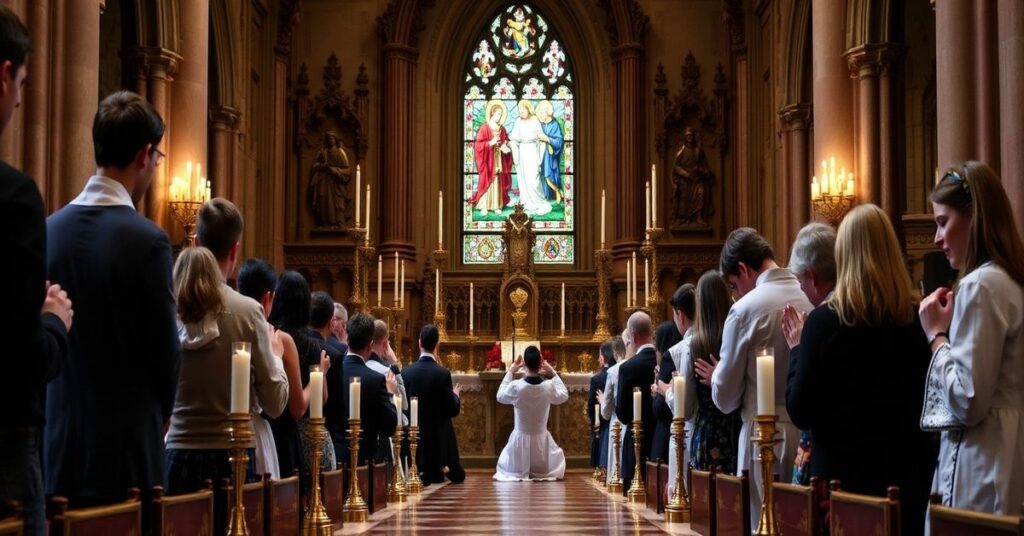 Młodzi studenci na uniwersytecie Notre Dame w tradycyjnym stroju katolickim modlący się przed starym ozdobnym ołtarzem z woskowymi świecami. Scena ma charakter poważny i pogodny.