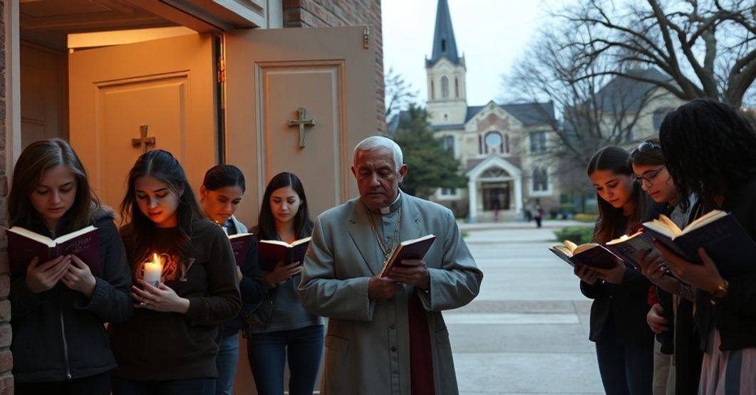 Studenci Texas A&M walczą o Mszę Trydencką - Likwidacja Tradycji w Diecezji Austin Grupa studentów z Texas A&M Uniwersytetu modli się w protestach przed kościołem z trzymanymi zapalonymi świecami i tradycyjnymi katolickimi modlitewnikami w tle widoczna katedra na kampusie.