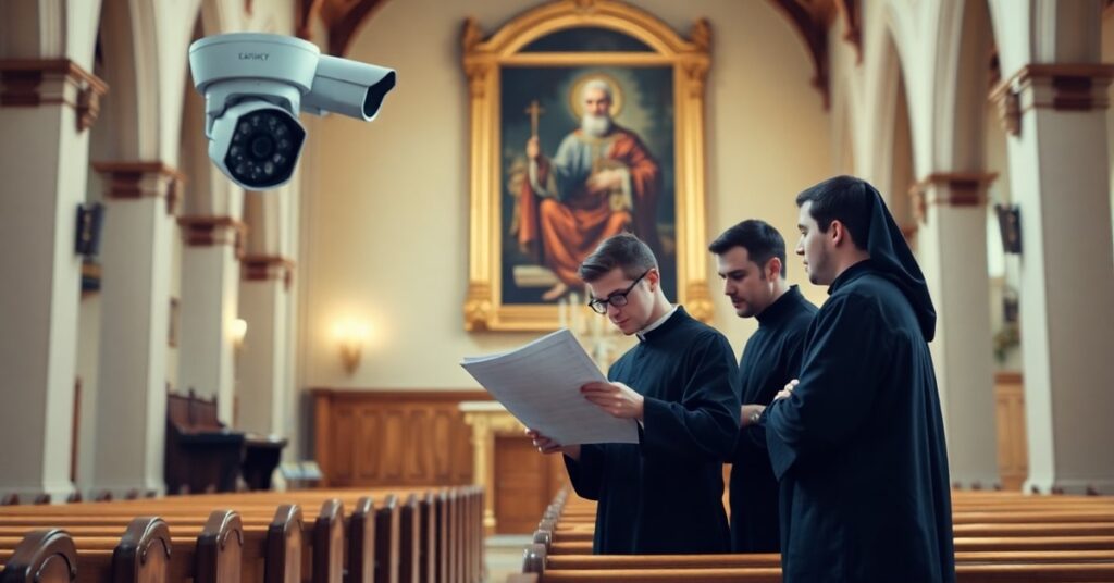 Wnętrze tradycyjnego kościoła katolickiego z seminarianami w sutannach studiującymi plany bezpieczeństwa. Na tle kamera monitoringu i obraz św. Piusa X.
