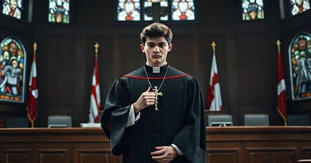 Młodzieżowiec w akademickiej toge stoi przed sądem z krzyżem w ręku, broniąc swojego sumienia przed wymuszoną szczepienką