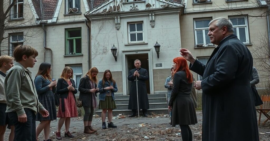 Scena ukazująca negatywne skutki komunistycznej tradycji "studniówki", z grupą młodzieży w nieodpowiednim zachowaniu i obserwującym księdzem