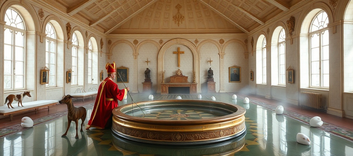 Obraz przedstawia uroczystości odpustowe w Sanktuarium Matki Bożej Studzienicznej z udziałem kardynała Laszlo Nemeta i biskupów misjonarzy.