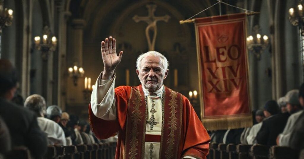 Stary mężczyzna w stroju kardynalskim stoi przed ołtarzem w kościele pod wezwaniem Świętych Krzyża, otoczony rozmytymi figurami duchowieństwa i wiernych. Scena wyraża groteskę apostazji w sekcie posoborowej.