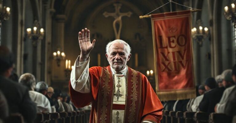 Stary mężczyzna w stroju kardynalskim stoi przed ołtarzem w kościele pod wezwaniem Świętych Krzyża, otoczony rozmytymi figurami duchowieństwa i wiernych. Scena wyraża groteskę apostazji w sekcie posoborowej.