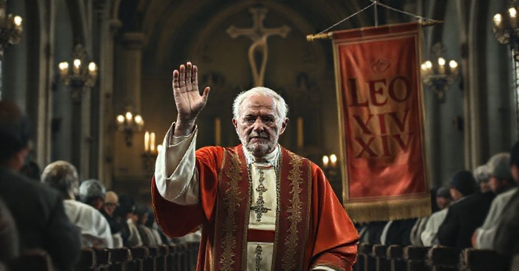 Stuletni kardynał Acerbi przyjęty do kościoła tytularnego Świętych Krzyża Stary mężczyzna w stroju kardynalskim stoi przed ołtarzem w kościele pod wezwaniem Świętych Krzyża, otoczony rozmytymi figurami duchowieństwa i wiernych. Scena wyraża groteskę apostazji w sekcie posoborowej.