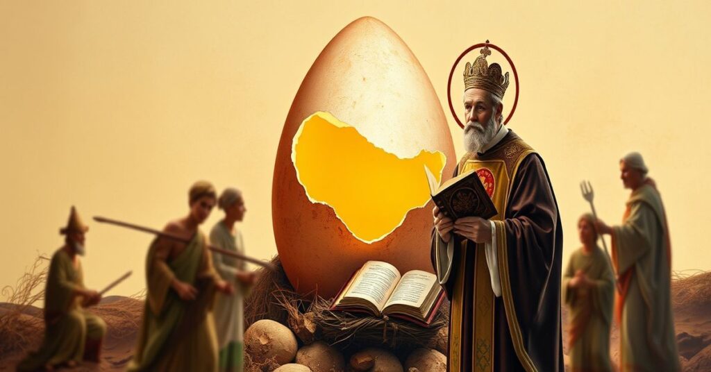 Ikona przedstawiająca stworzenie świata przez Boga ze złotym jajkiem jako symbolem życia. Na pierwszym planie ksiądz w tradycyjnych ornatach z Biblią w ręku. W tle rozmyte postacie z mitologii pogańskiej (Kalevala, Dogonowie, Pangu) pokazują ich fałszywość.