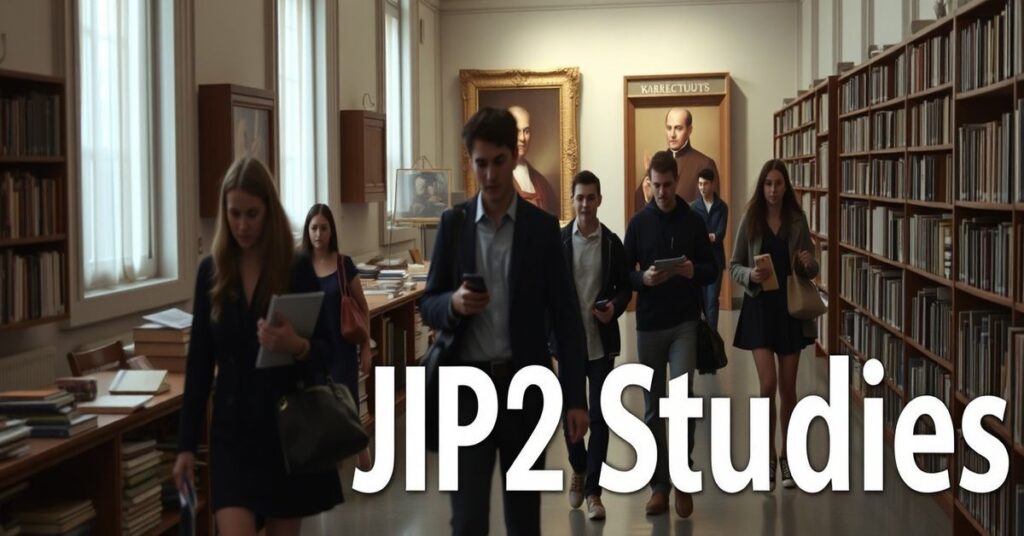 Młodzi studenci w nowoczesnym ubiorze przechodzą przez korytarze Angelicum w Rzymie, otoczeni książkami i notatkami z napisem 'JP2 Studies'. Atmosfera sugeruje intelektualną oszustwo modernizmu.