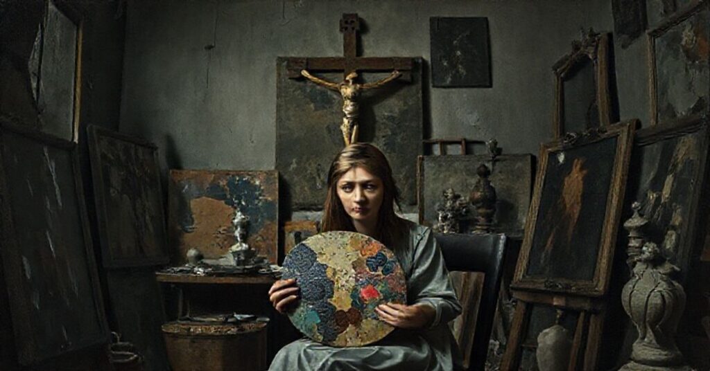 Scena pokoju artysty z Olgą Drendą w otoczeniu nieukończonych obrazów i symboli modernistycznego sztuki.