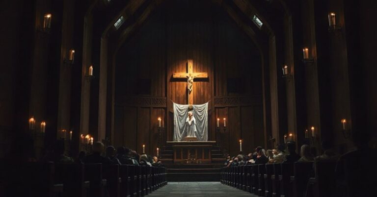 Melancholiczne przedstawienie kościoła katolickiego z krzyżem i świecami kontrastuje z sceną teatralną "Sublokatorka" Mai Kleczewskiej, ukazując duchową pustkę nowoczesnej sztuki.