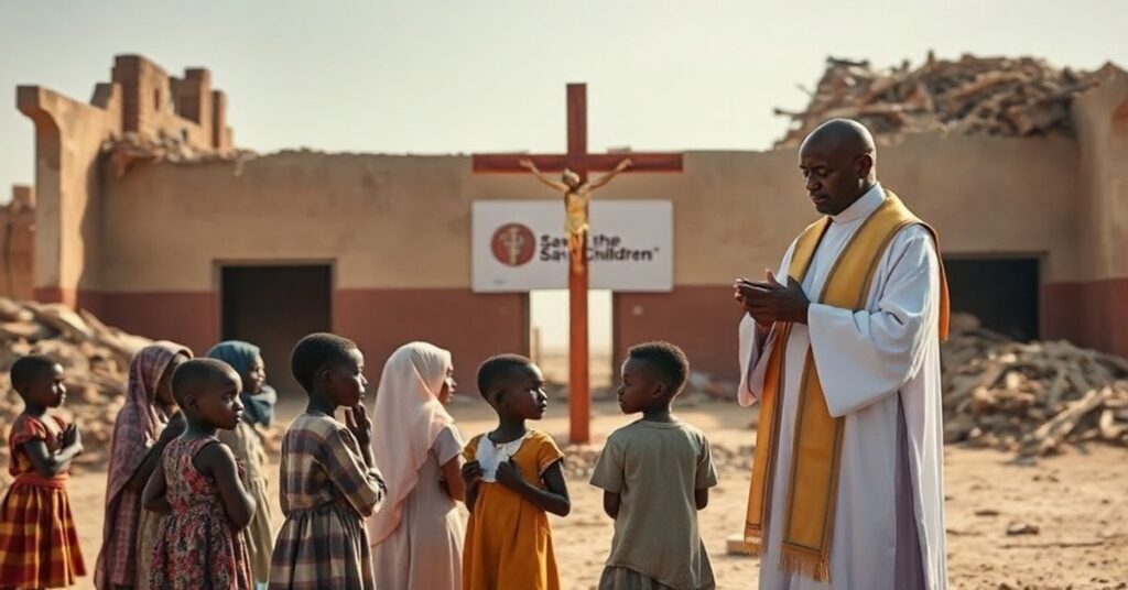 Grupa sudańskich dzieci w tradycyjnych strojach przed zniszczoną szkołą z krzyżem na pierwszym planie
