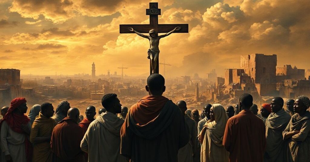 Grupa cierpiących ludzi z Sudanu na tle zniszczonego miasta z krzyżem na tle symbolizujący duchową pustkę za kryzysem humanitarnym