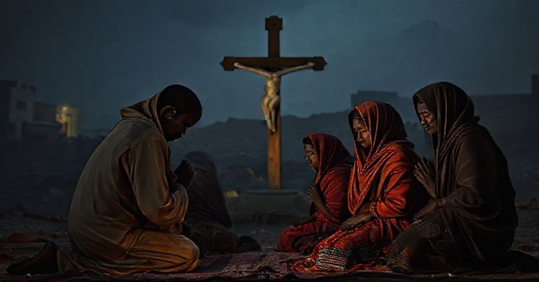 Sobieżna rodzina sudańska modli się przed krzyżem w zniszczonym mieście Al-Fashir, symbolizując nadzieję na interwencję boską w czasie wojny.