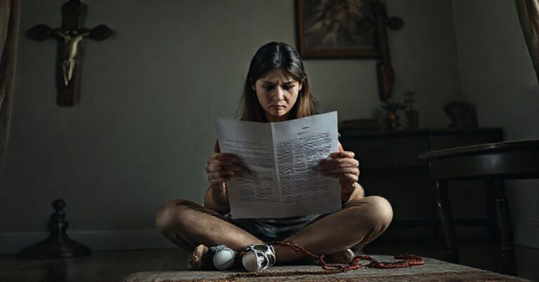 Zmieszana kobieta trzymająca umowę na surogację przy butach dziecka w pokojowej scenerii z katolickim symbolizmem