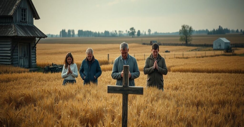 Tradycyjna polska rodzina rolnicza modli się na polu z kapliczką i supermarketem Carrefour w odległości, symbolizując walkę o suwerenność żywnościową.