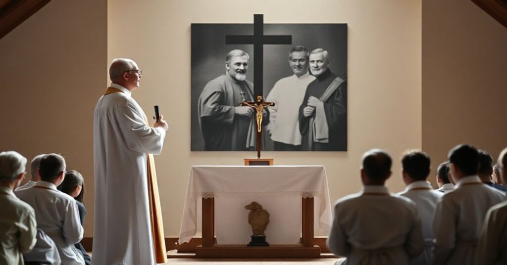 Ksiądz w tradycyjnych szatach mszałych stoi przed ołtarzem z krzyżem, otoczony modlącymi się misjonarzami. Tło przedstawia zdjęcie św. Franciszka Ksawerego i św. Maksymiliana Marii Kolbego.