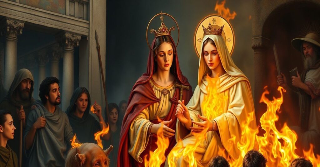 Tradycyjne przedstawienie św. Agaty - Męczennicy podczas jej męczeństwa z ogniskiem wokół niej, symbolizujące jej nieugiętą wiarę i czystość. Scena ukazuje starożytną architekturę rzymską i symbole chrześcijańskich męczenników.