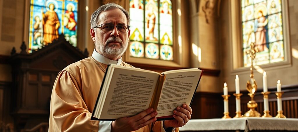 Ksiądz w tradycyjnych szatach liturgicznych stoi w oświetlonej słońcem kościele, trzymając otwartą Biblię z tekstem Kazań św. Augustyna 271. Witraże przedstawiają Wieżę Babel i Zesłanie Ducha Świętego, symbolizując kontrast między chaosem a boską jednością. Ołtarz ozdobiony jest świecami i monstrancją, podkreślając Prawdziwy Przylądek Chrystusa. Wyraz twarzy księdza wyrazista jest wdzięcznością i przekonaniem, odzwierciedlając głębokość teologii św. Augustyna na temat jedności Kościoła pod Duchem Świętym. Sceneria to historyczny kościół sprzed soboru watykańskiego II z klasyczną architekturą, wzbudzając uczucie bezczasowej katolicyzmu tradycji.