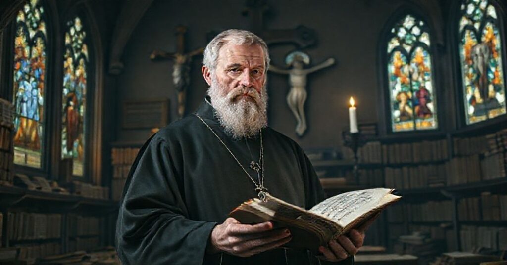 Św. Albert Wielki w tradycyjnym habit dominikańskim w średniowiecznym skryptorium z manuskryptami i krzyżem