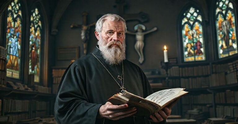 Św. Albert Wielki w tradycyjnym habit dominikańskim w średniowiecznym skryptorium z manuskryptami i krzyżem