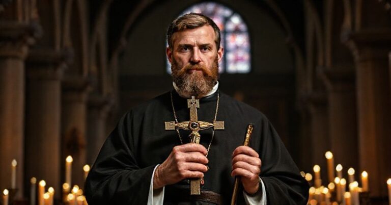 Portret św. Andrzeja Avellina w tradycyjnym koście z krzyżem w rókach, symbolizujący heroiczne cnoty i wiarę w czasach apostazji posoborowej.