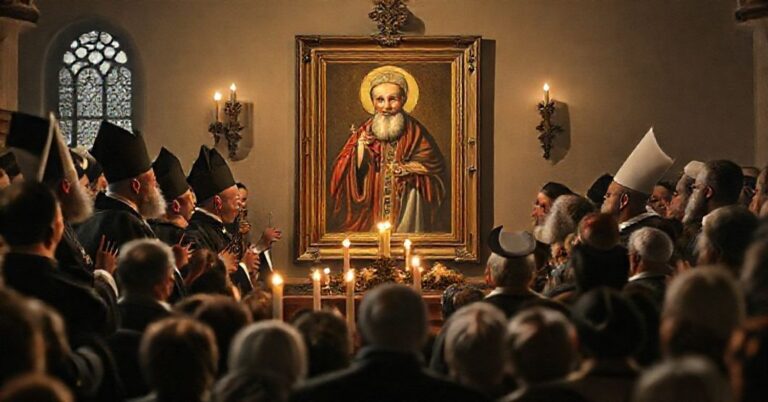 Tradycyjny katolicki obraz przedstawiający kontrowersyjne nowennie św. Andrzeja Boboli w Strachocinie i Gietrzwałdzie z udziałem modernistycznych duchownych z Radia Maryja i TV Trwam.