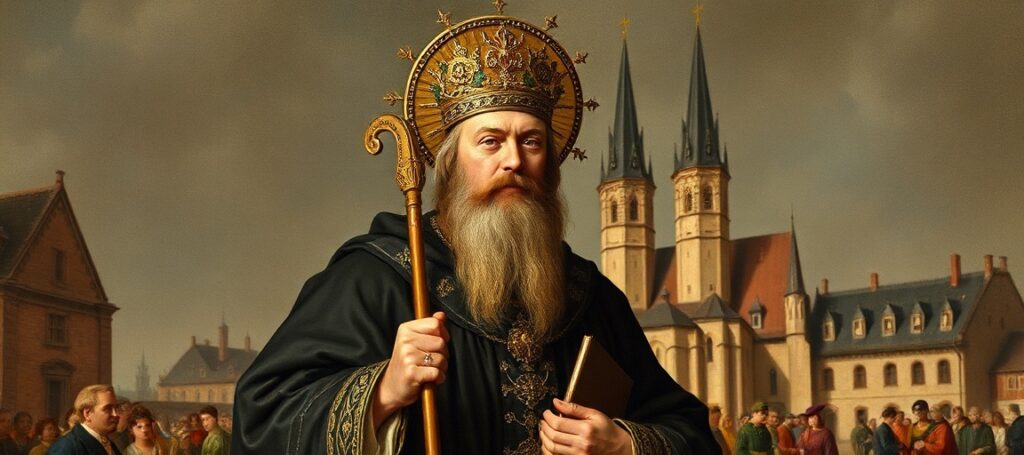 Św. Andrzej Bobola - jezuita męczennik w stroju zakonnym przed drewnianym kościołem na Polesiu