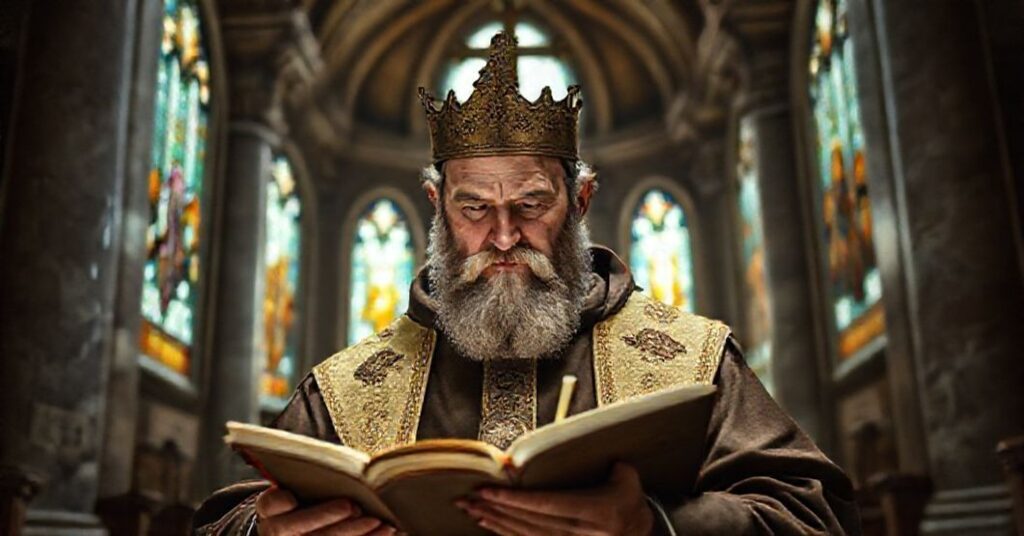 Portret św. Augustyna z Hippony w tradycyjnych szatach kościelnych, z otwartą Biblią i piórem w ręce, otoczony symbolami katolickimi w starożytnej kościelnej wnętrzu.