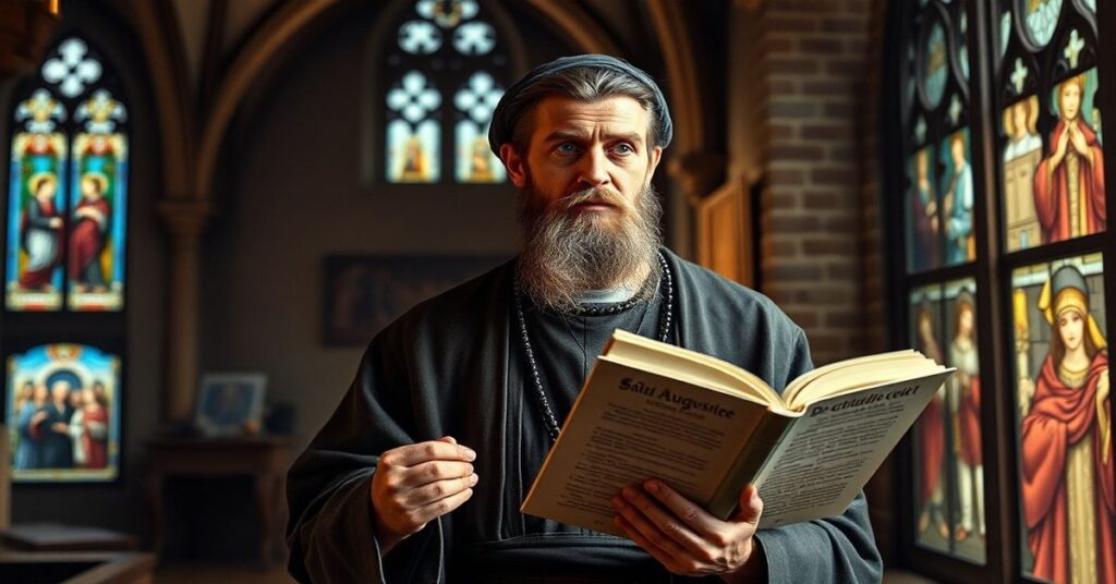 Portret św. Augustyna z Hippony w tradycyjnych szatach kościelnych, trzymającego otwartą książkę 'O Mieście Bożym' w romańskiej kaplicy z witrażami.