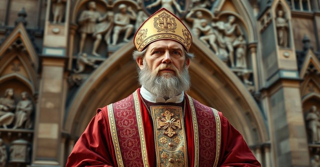 Św. Augustyn z Hippony w tradycyjnych szatach liturgicznych przed gotycką katedrą