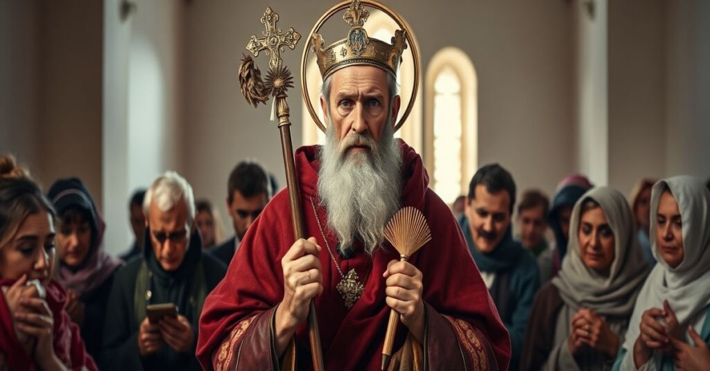 Portret św. Błażeja jako męczennika z tradycyjnym zgrzebłem w rękach w prostym koście katolickim otoczonego modlącymi wiernymi.