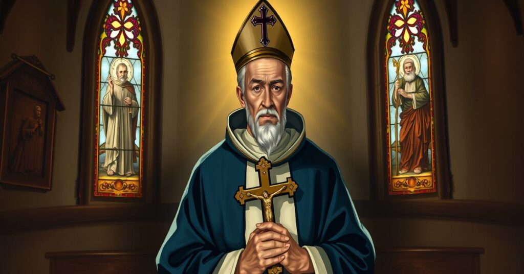 Tradycyjne przedstawienie św. Błażeja jako biskupa i męczennika w kaplicy z witrażem przedstawiającym jego żywot.