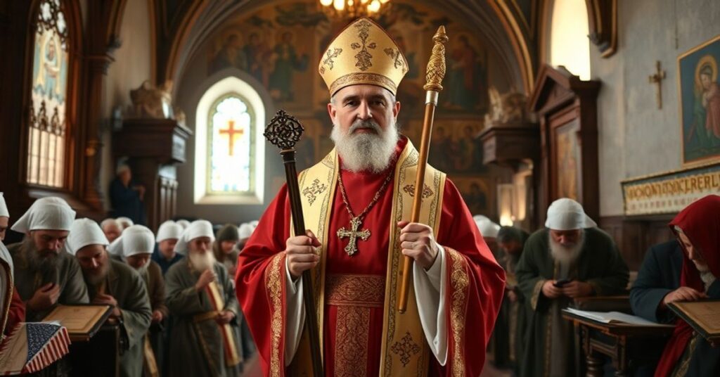 Reklamacja świętego Błażeja w tradycyjnym stroju kościelnym z relikwiami i wierzącymi w starożytnej ormiańskiej świątyni