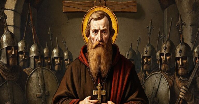 Portret św. Brunona z Kwerfurtu jako tradycyjnego misjonarza katolickiego, otoczonego przez pogan w średniowiecznym otoczeniu, symbolizujące jego męczeństwo za wiarę.