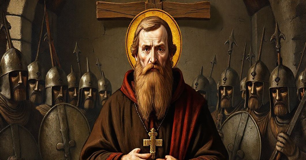 Portret św. Brunona z Kwerfurtu jako tradycyjnego misjonarza katolickiego, otoczonego przez pogan w średniowiecznym otoczeniu, symbolizujące jego męczeństwo za wiarę.