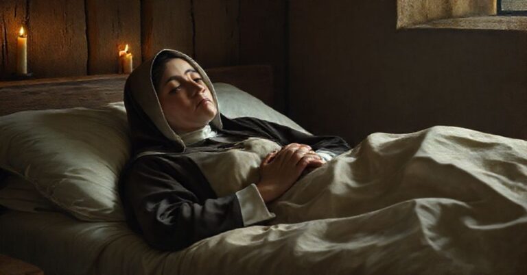 Sobótka św. Cecylia w tradycyjnym stroju męczennicy, w modlitwie przed męczeństwem