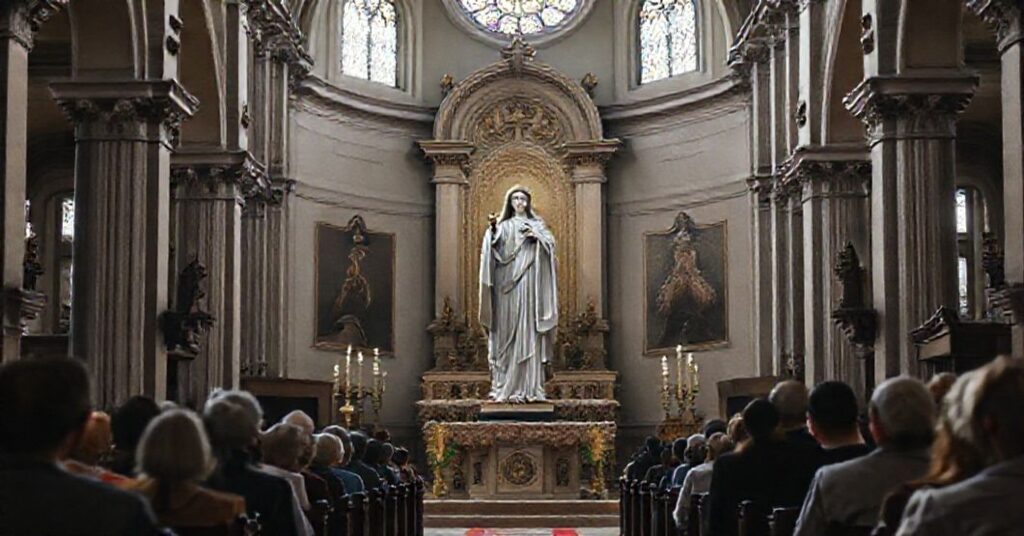 Wnętrze tradycyjnego kościoła katolickiego z przedstawieniem św. Cecylii w otoczeniu wiernych