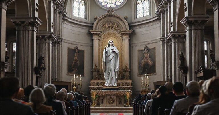 Wnętrze tradycyjnego kościoła katolickiego z przedstawieniem św. Cecylii w otoczeniu wiernych