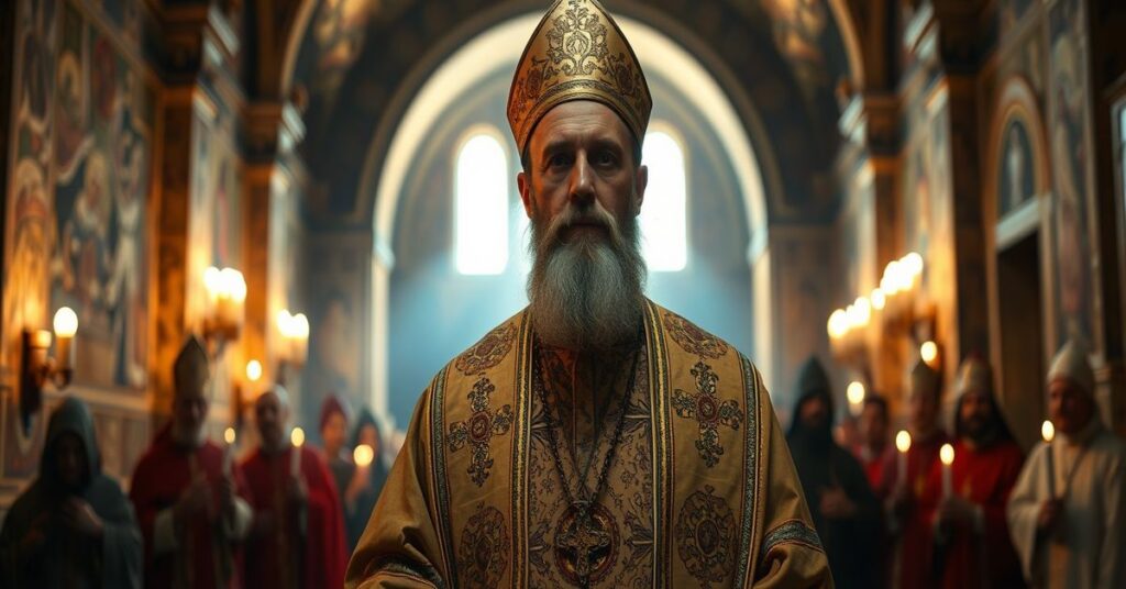 Św. Cyryl Jerozolimski w tradycyjnych szatach biskupich w starożytnej rzymskiej katedrze z mozaikami i świecami
