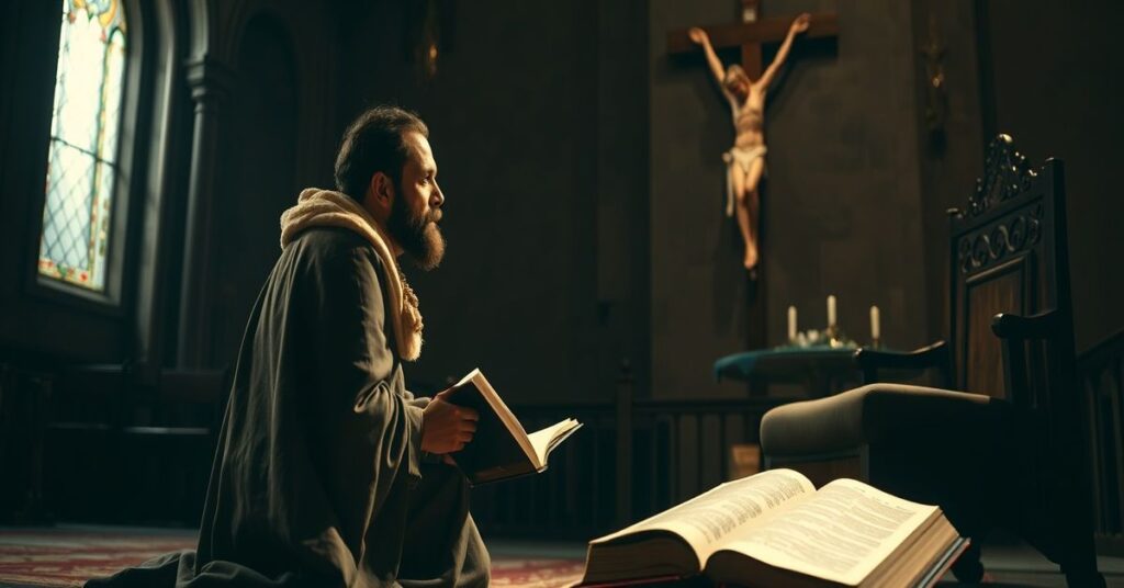 Scena przedstawiająca św. Dawida w modlitwie przed krucyfiksem w kościele, podkreślającą jego rolę jako typ Mesjasza.