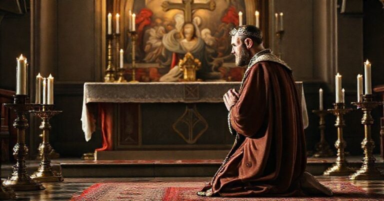 Portret św. Edwarda Wyznawcy modłącego się przed tradycyjnym ołtarzem katolickim z krzyżem i zapalonymi świecami. Scena podkreśla jego pokorą i wierność wiary.