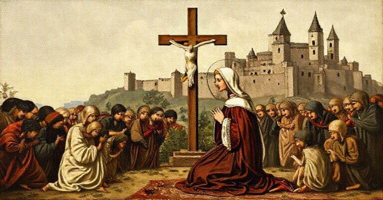 Św. Elżbieta Węgierska w modlitwie przed krzyżem, otoczona ubogimi w średniowiecznym zamku - wierność tradycji katolickiej.