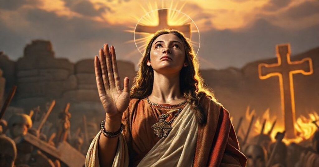 Św. Eulalia z Meridy stoi przed rzymskim tyranem w starożytnej Meridzie w Hiszpanii, trzymając palmę męczennika i patrząc ku niebu z odwagą i czystością.