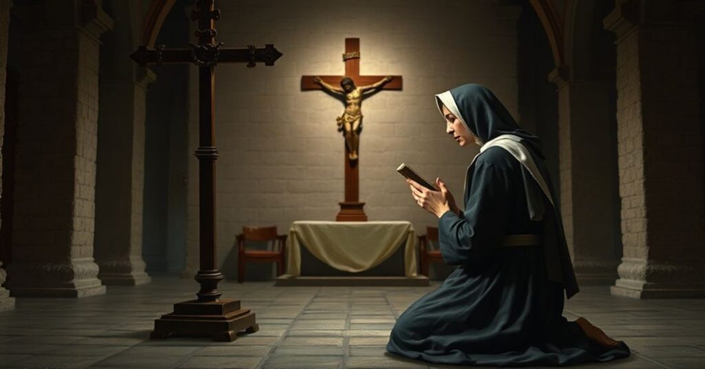 Rzełczywa przedstawienie św. Filipy Mareri w monastycznym stroju, modlącej się przed krzyżem w mediewalnym klasztorze