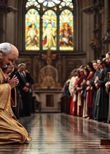 Św. Franciszek z Asyżu - katolickie oddanie Tradycyjne katolickie przedstawienie św. Franciszka z Asyżu modlącego się w kościele z grupą wiernych