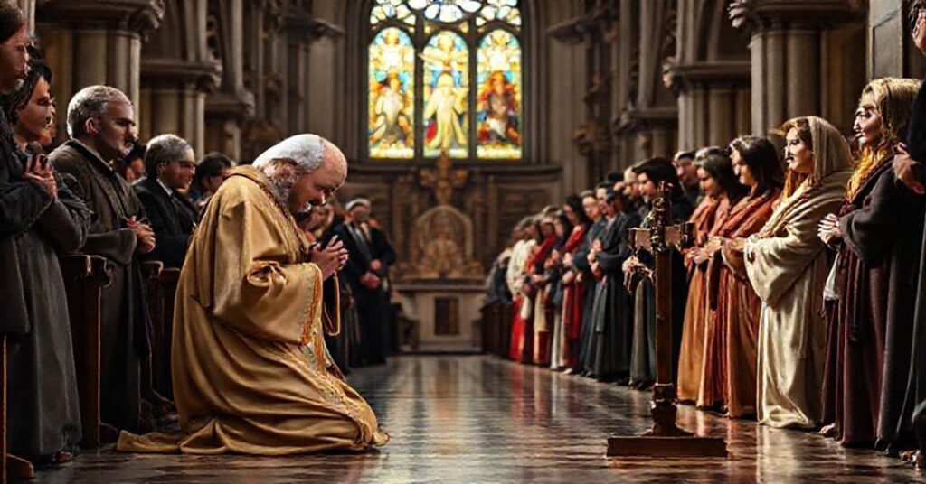 Tradycyjne katolickie przedstawienie św. Franciszka z Asyżu modlącego się w kościele z grupą wiernych